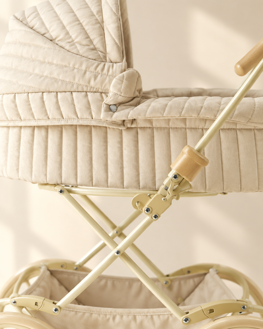 Détail macro du coton matelassé crème et du châssis métal