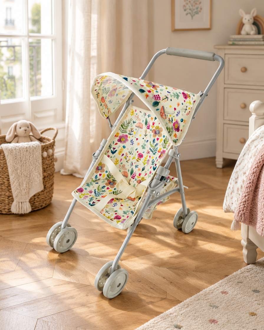 Poussette Pliable Fleurie dans une chambre d'enfant