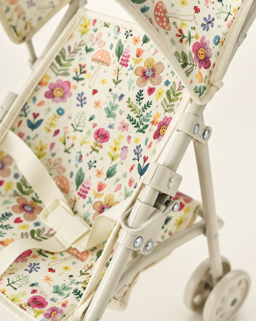 Détail imprimé fleurs et champignons sur toile coton