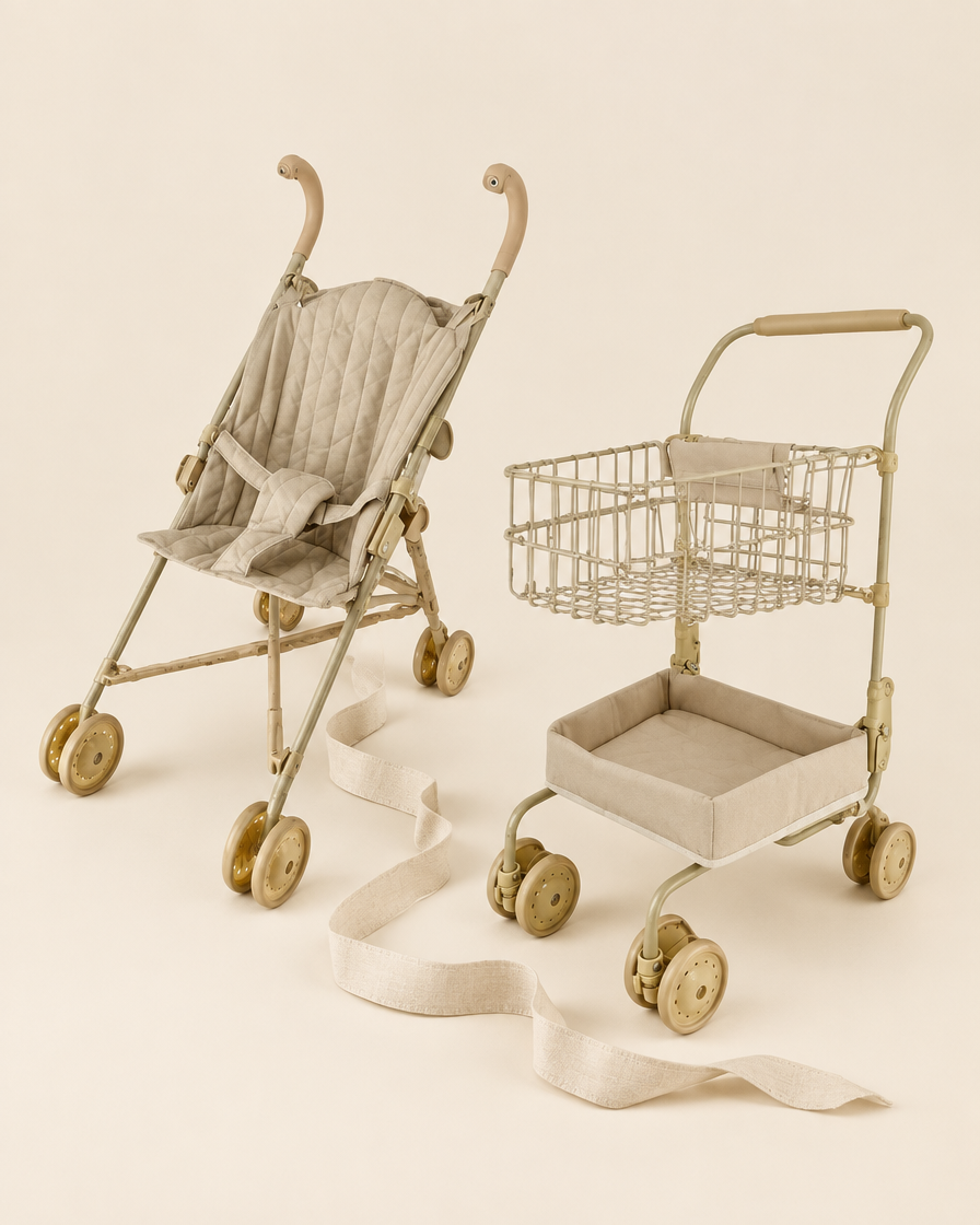 Duo Poussette Coquille + Caddie sur fond crème