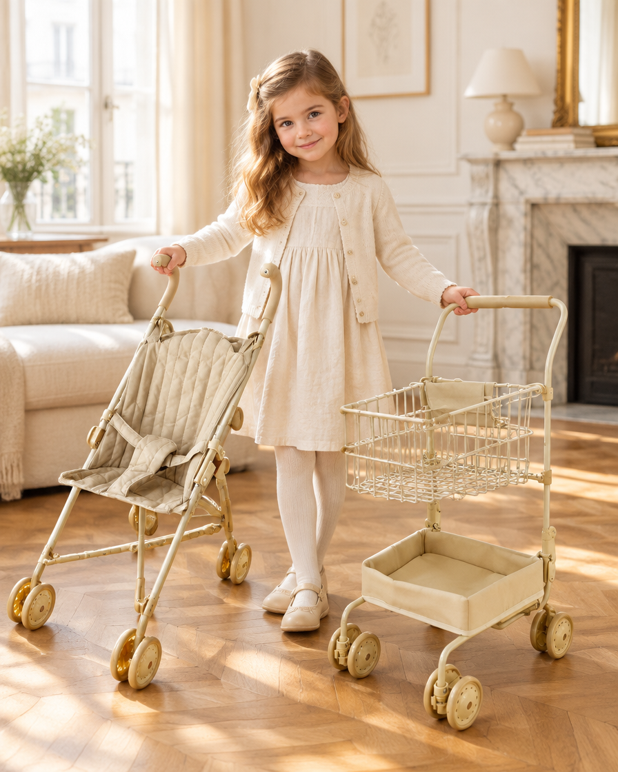 Set Complet Poussette Coquille + Caddie Enfant — petite fille entre les deux